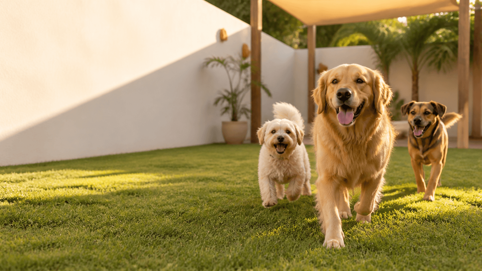 Perritos jugando en el jardín de una guardería canina